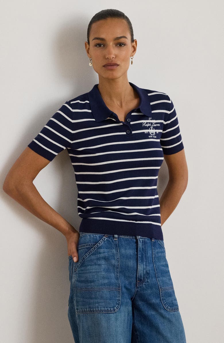 Lauren Ralph Lauren Stripe Cotton Blend Polo Top, Alternate, color, Refined Navy Blue/ White