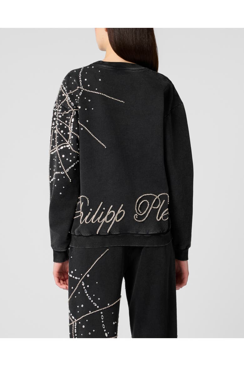 Round Neck Sweatshirt Spiderweb Strass Women, Alternate, color, black