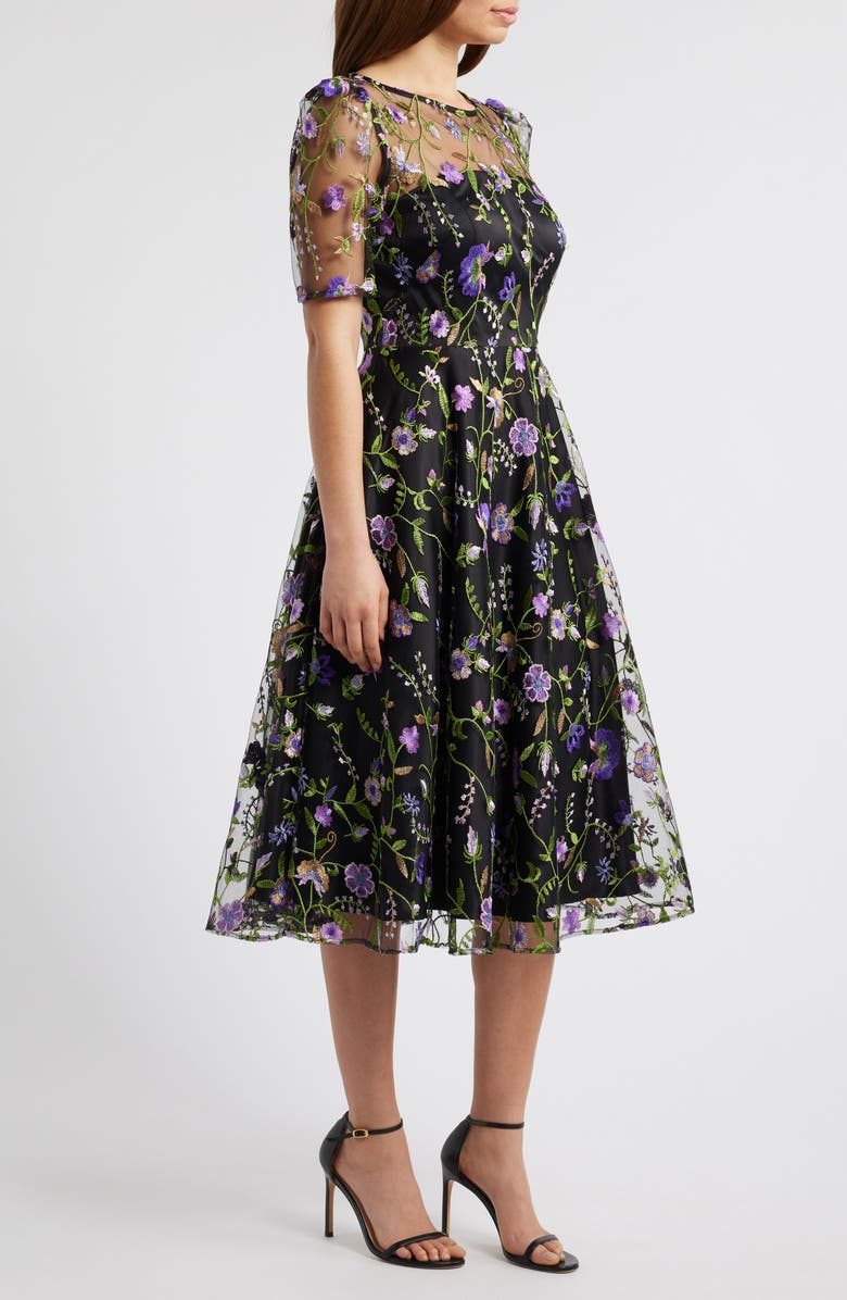 Embroidered Illusion Neck Cocktail Midi Dress