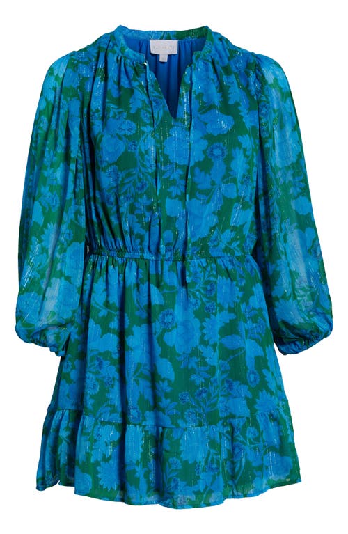 Sugarlips Amren Floral Long Sleeve Metallic Georgette Minidress In Blue