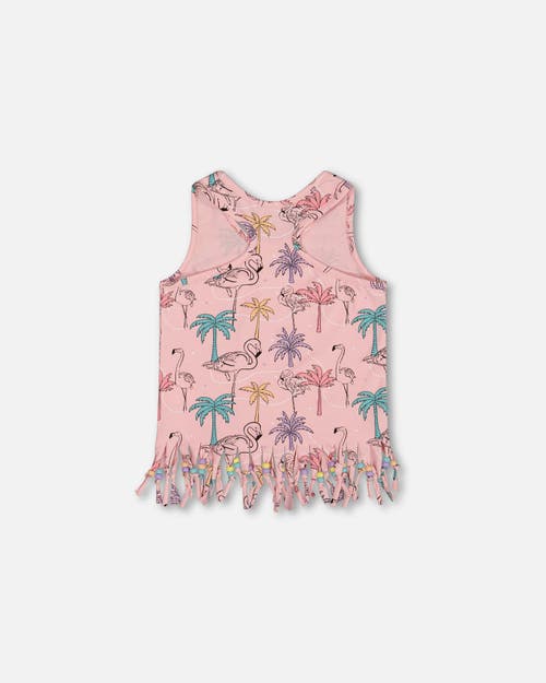 DEUX PAR DEUX DEUX PAR DEUX GIRL'S PRINTED ORGANIC COTTON TANK TOP WITH FRINGE PALM TREES, PINK FLAMINGO, AND TURQ 
