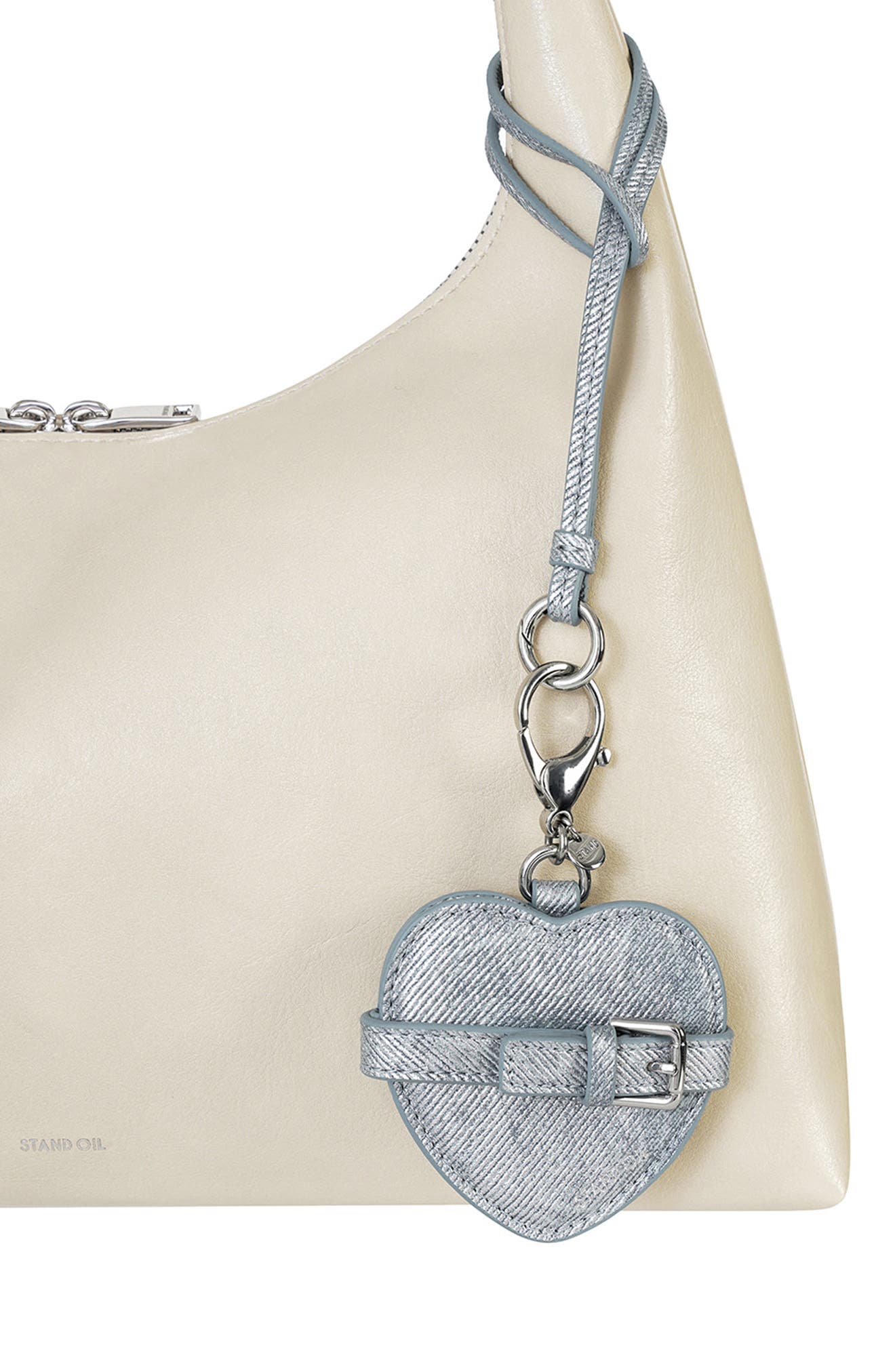 Stand Oil Belted Heart Mirror Faux Leather Key Ring Bag Charm, Alternate, color, Silver Denim