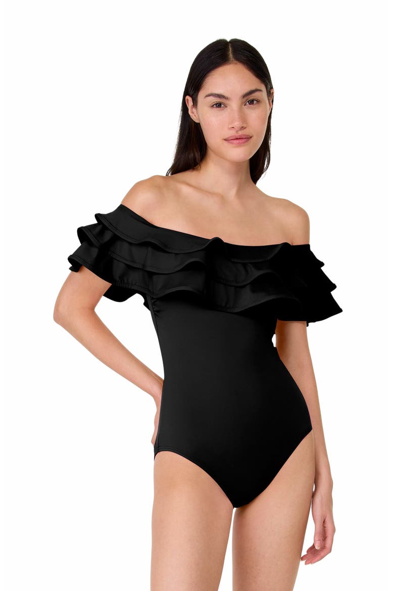 Ruffle One Piece Swimsuit- Solids, Main, color, Black