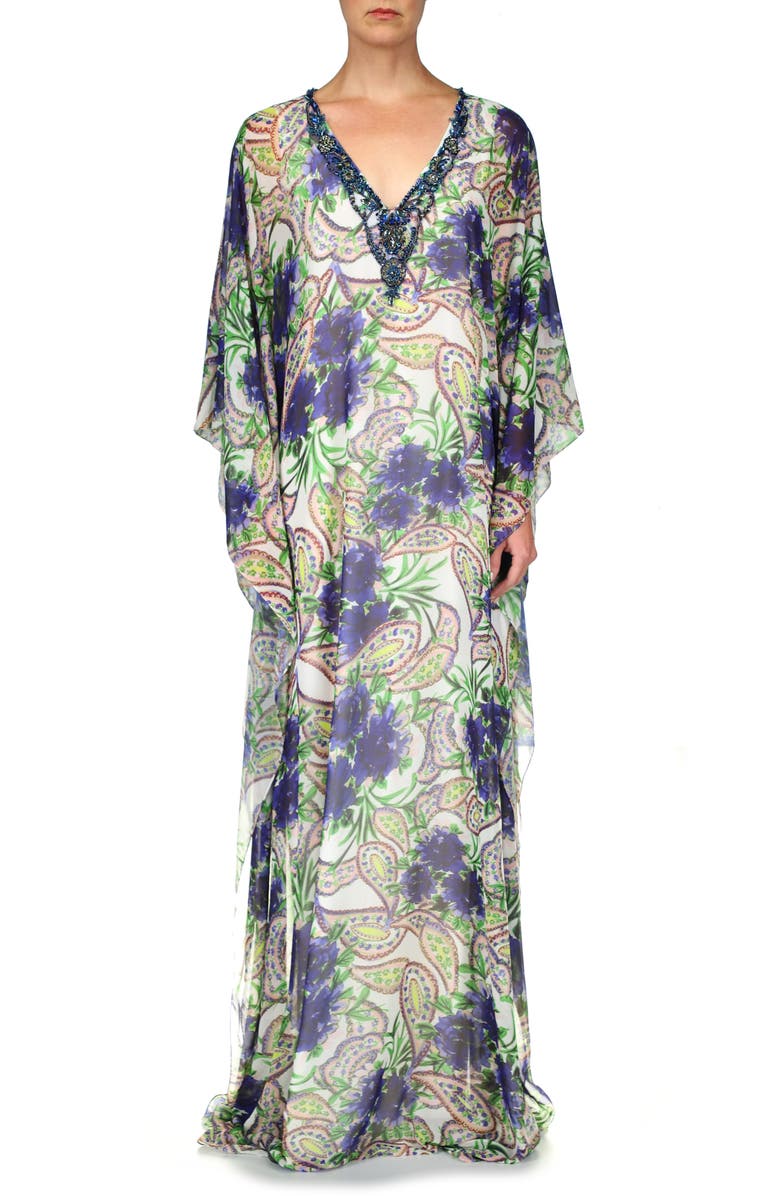Badgley Mischka Collection Beaded Neck Paisley Caftan Dress, Main, color,