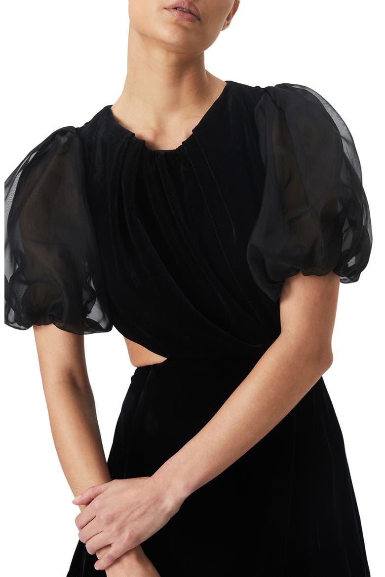 Malina Cutout Puff Sleeve Velour A-Line Minidress, Alternate, color, BLACK