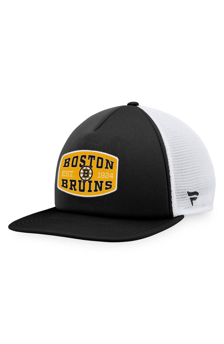 FANATICS Men's Fanatics Branded Black/White Boston Bruins Foam Front Patch Trucker Snapback Hat, Main, color, Black