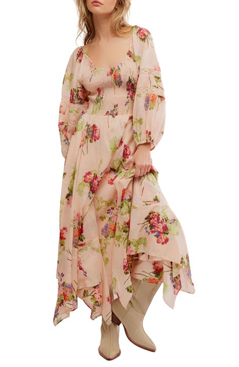 Long-Sleeve Cut-Out Maxi Dress with Floral Accents - Beige main image 0