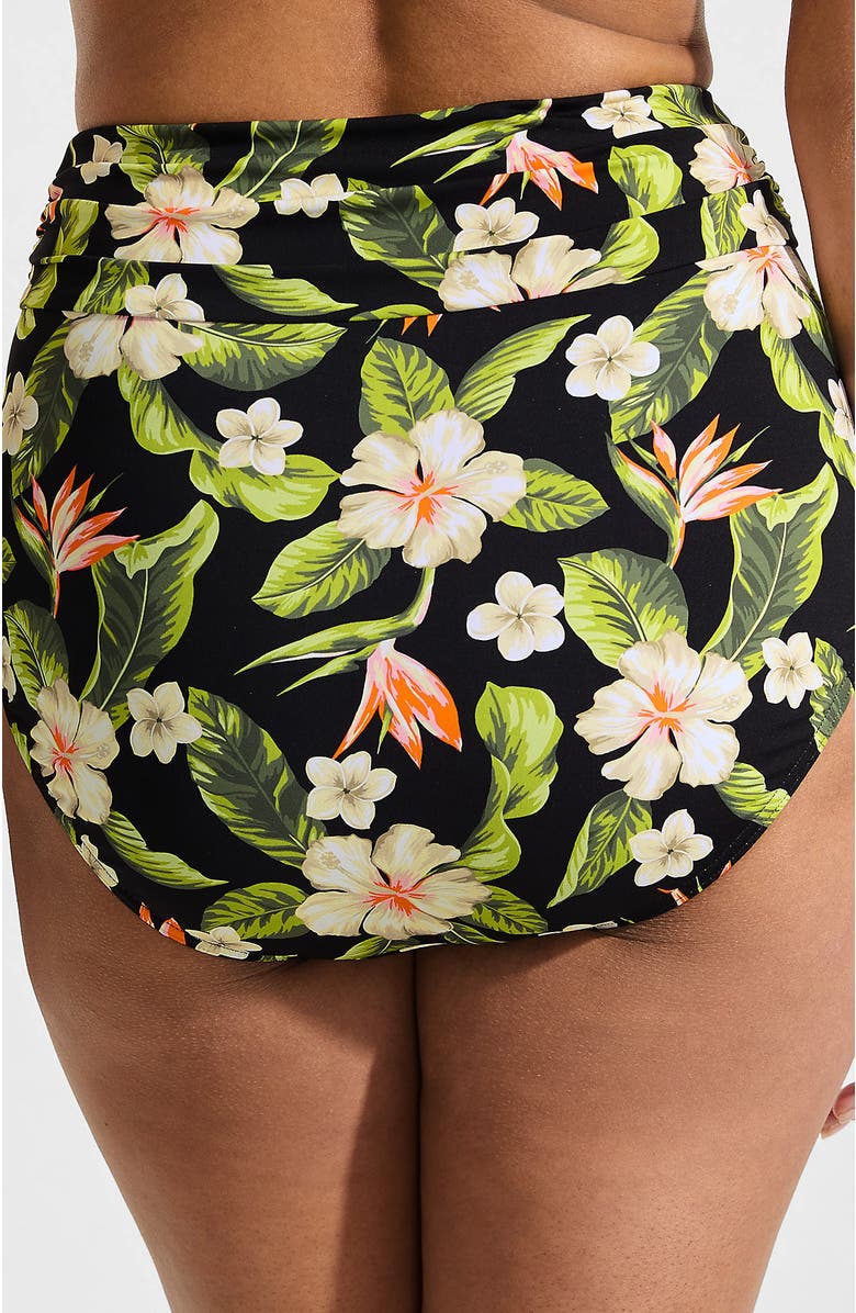 Lands' End Chlorine Resistant Ruched Natural High Waisted Full Coverage Bikini Swim Bottoms, Alternate, color, Hibiscus Floral/Black