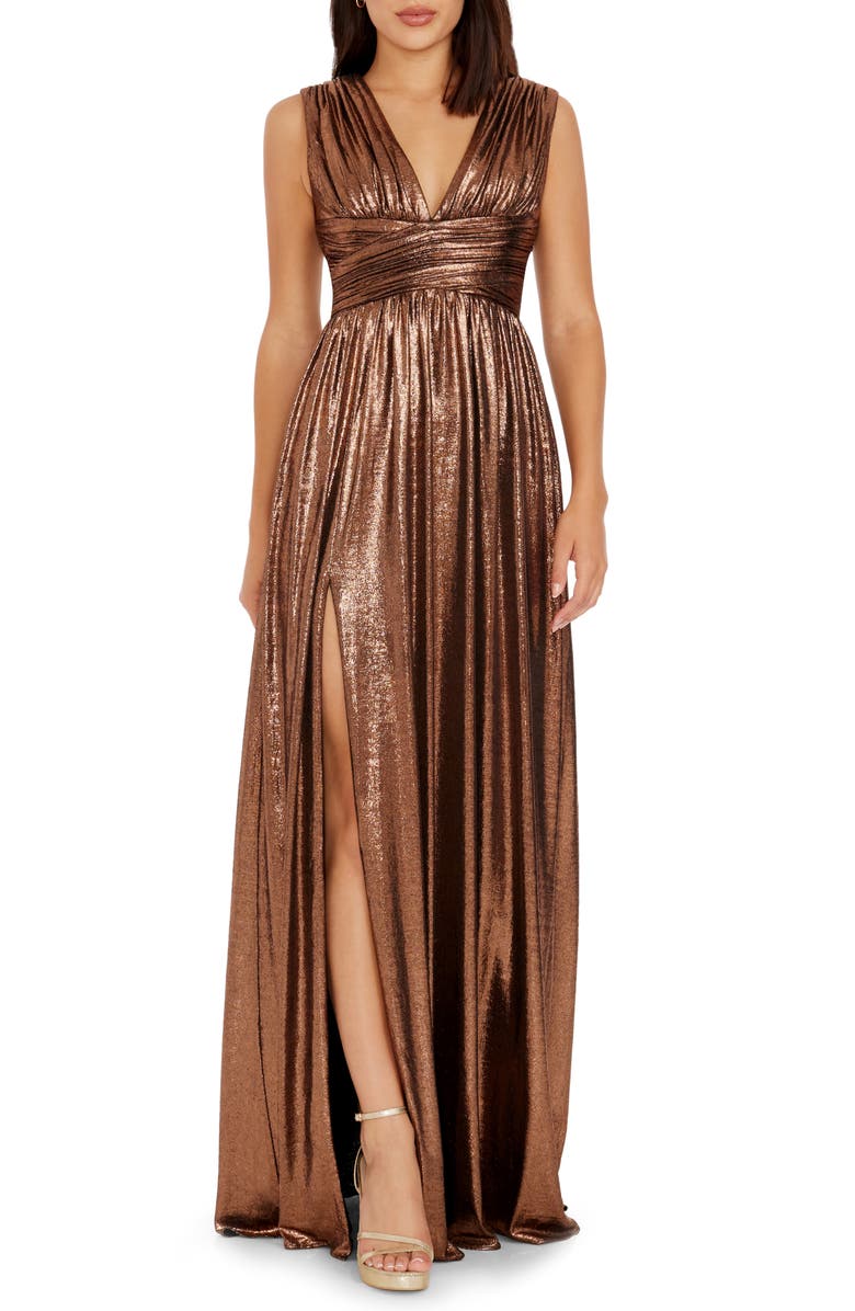 Dress the Population Jaclyn Pleated Metallic Gown, Main, color, 