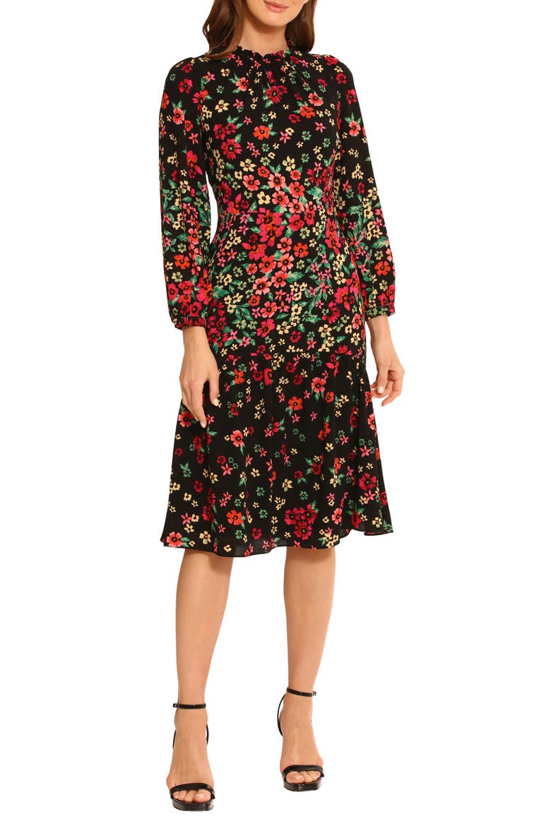 Floral Long Sleeve Midi Dress, Alternate, color, BLACK/ WINE