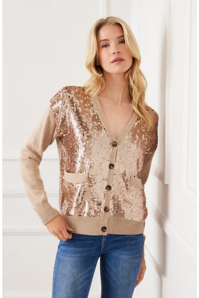 Sequin Cardigan, Alternate, color, DARK OATMEAL