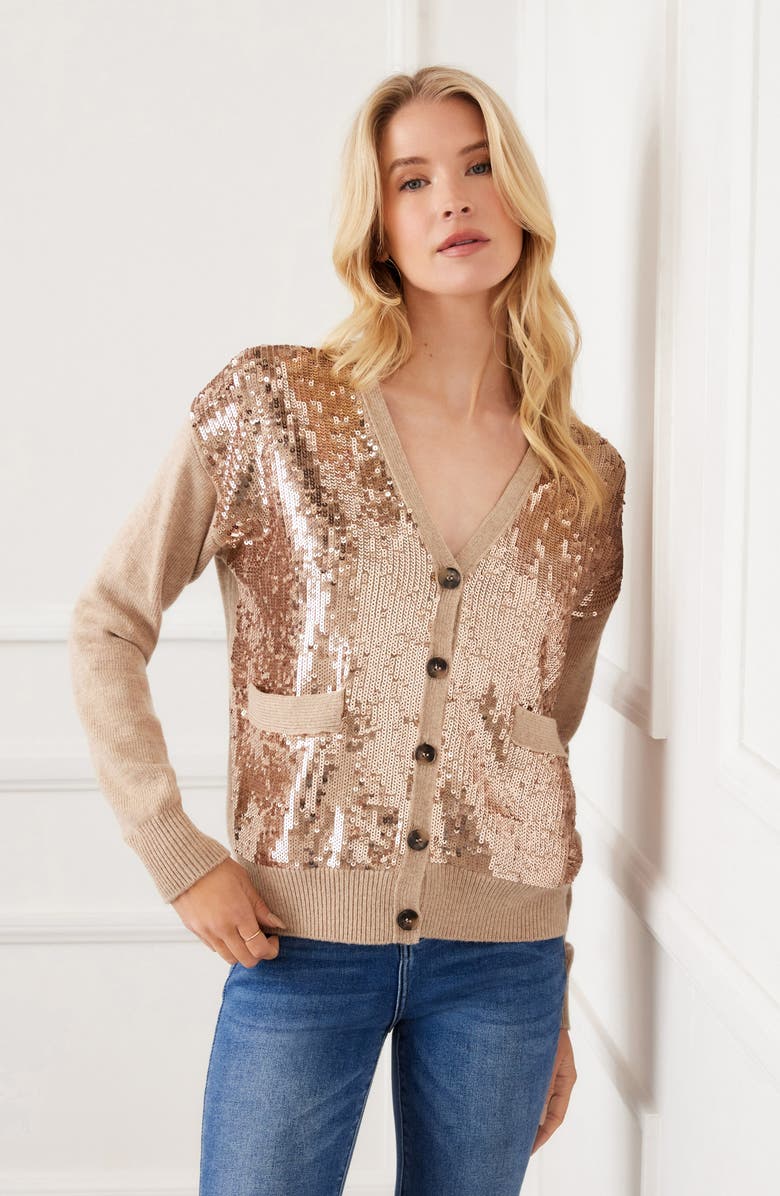 Karen Kane Sequin Cardigan, Alternate, color, Dark Oatmeal