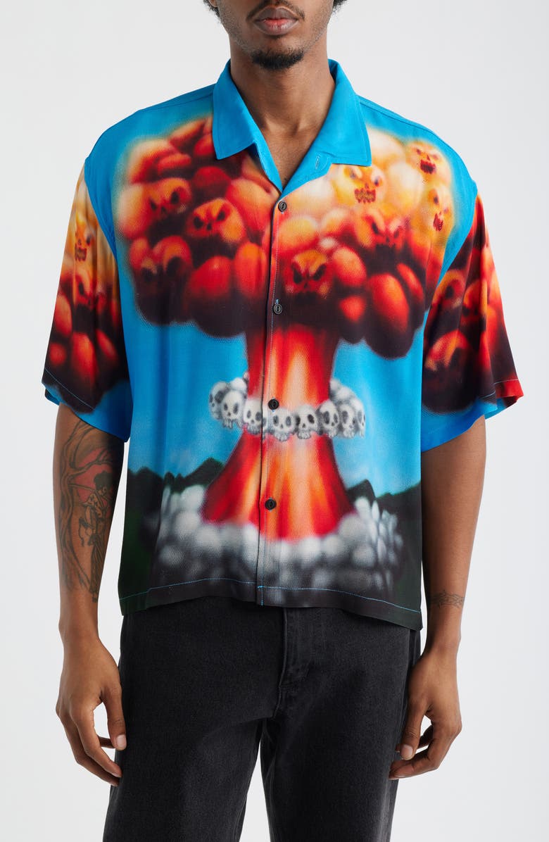 Brain Dead Explosion Graphic Button-Up Shirt, Main, color, Blue Multi