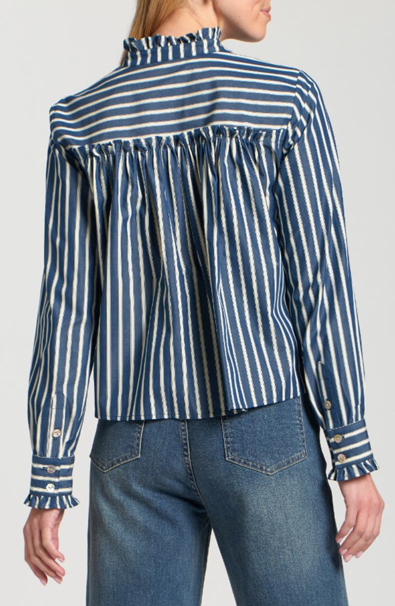 APNY Stripe Ruffle Trim Cotton Button-Up Shirt, Alternate, color, Navy/ Off White