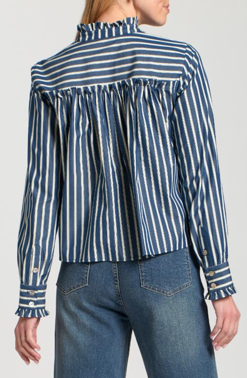 Apny Stripe Ruffle Trim Cotton Button-up Shirt In Blue