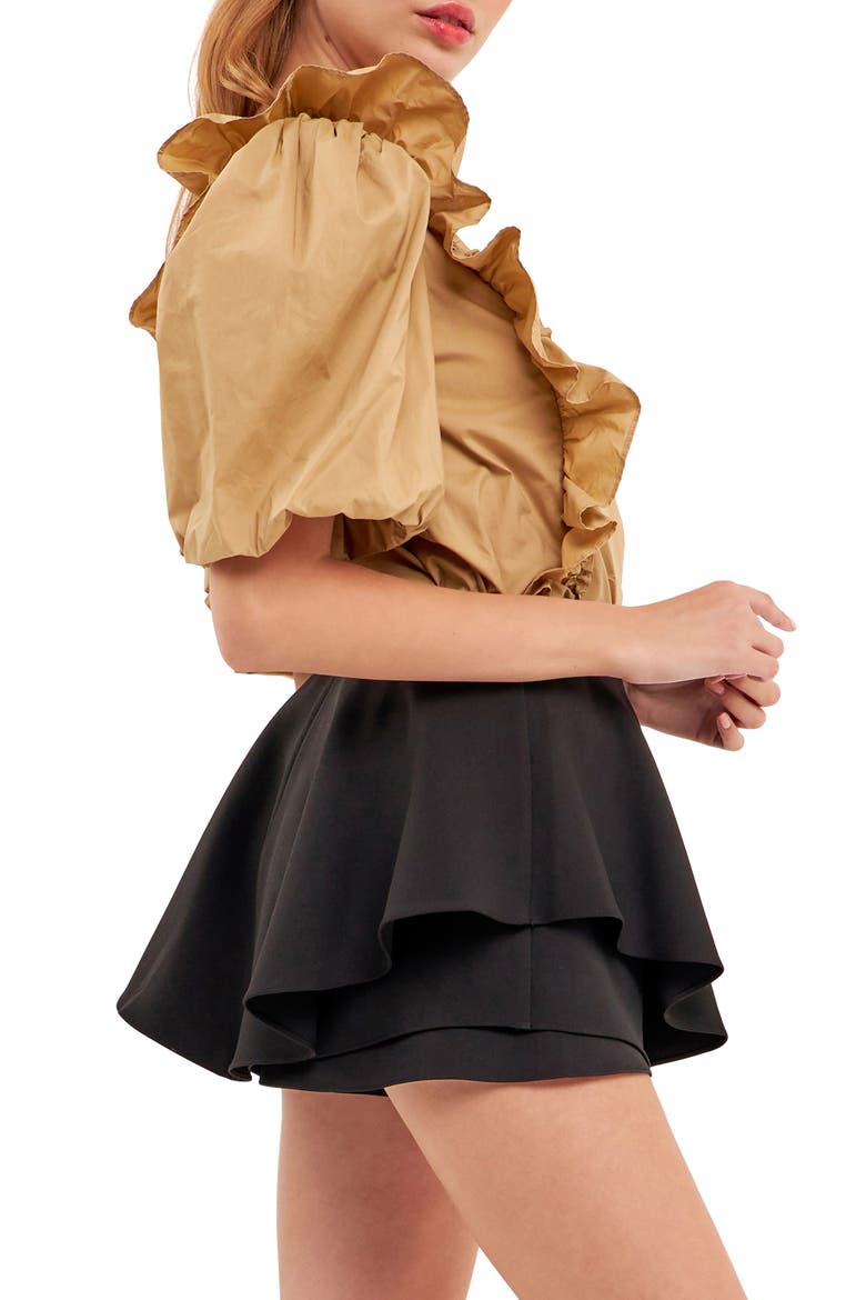 Double Ruffle Puff Sleeve Cotton Blouse, Alternate, color, TAWNY