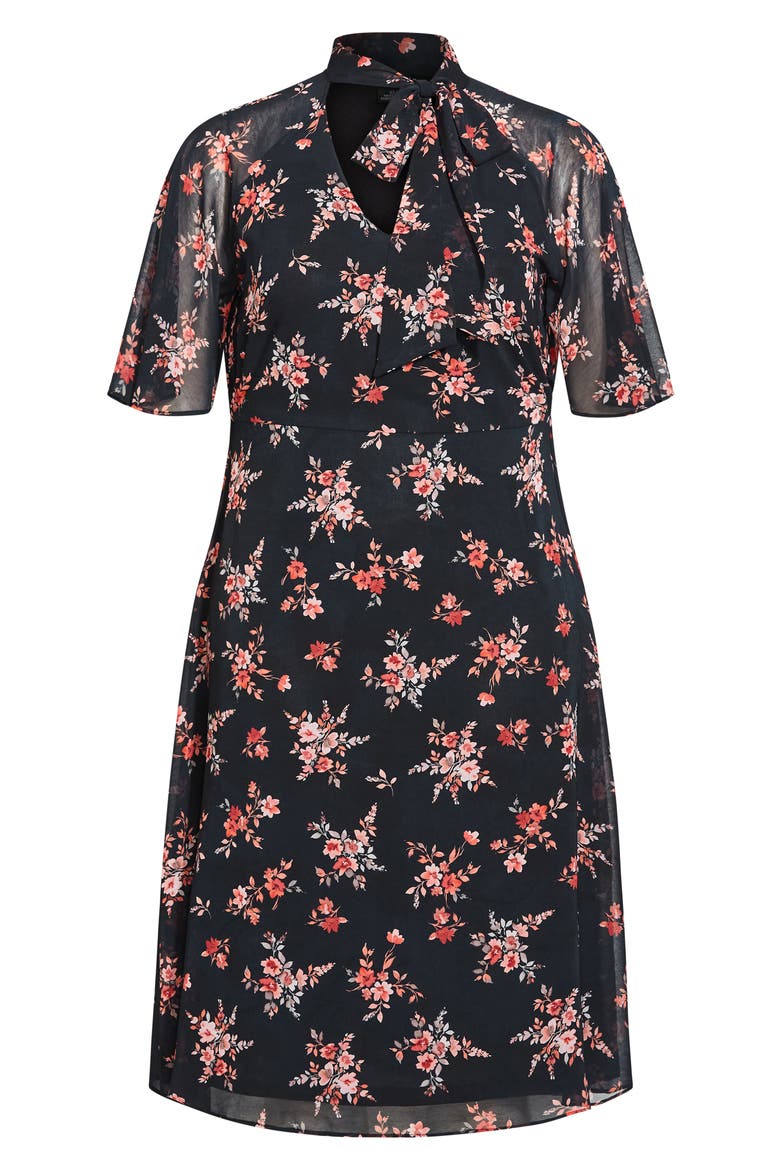 Alexandra Floral Tie Neck Midi Dress, Alternate, color, BLACK DITSY BLOOM