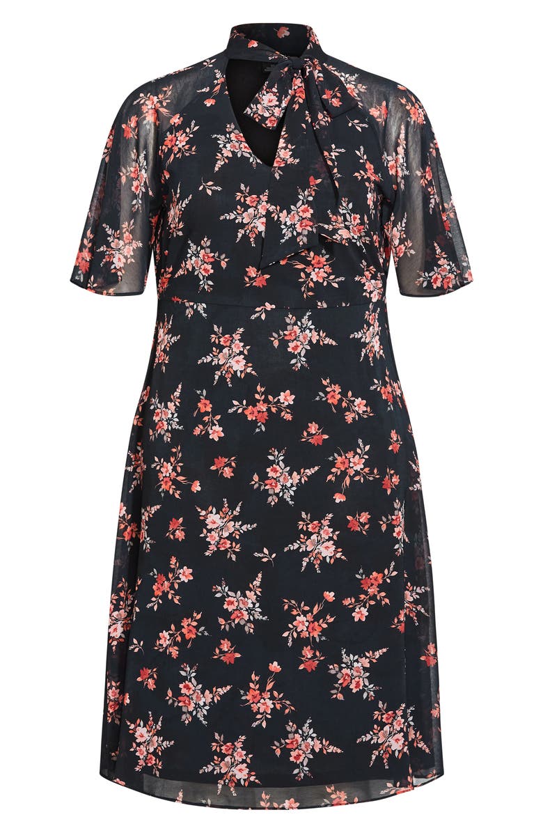City Chic Kinley Floral Tie Neck Midi Dress, Alternate, color, Black Print