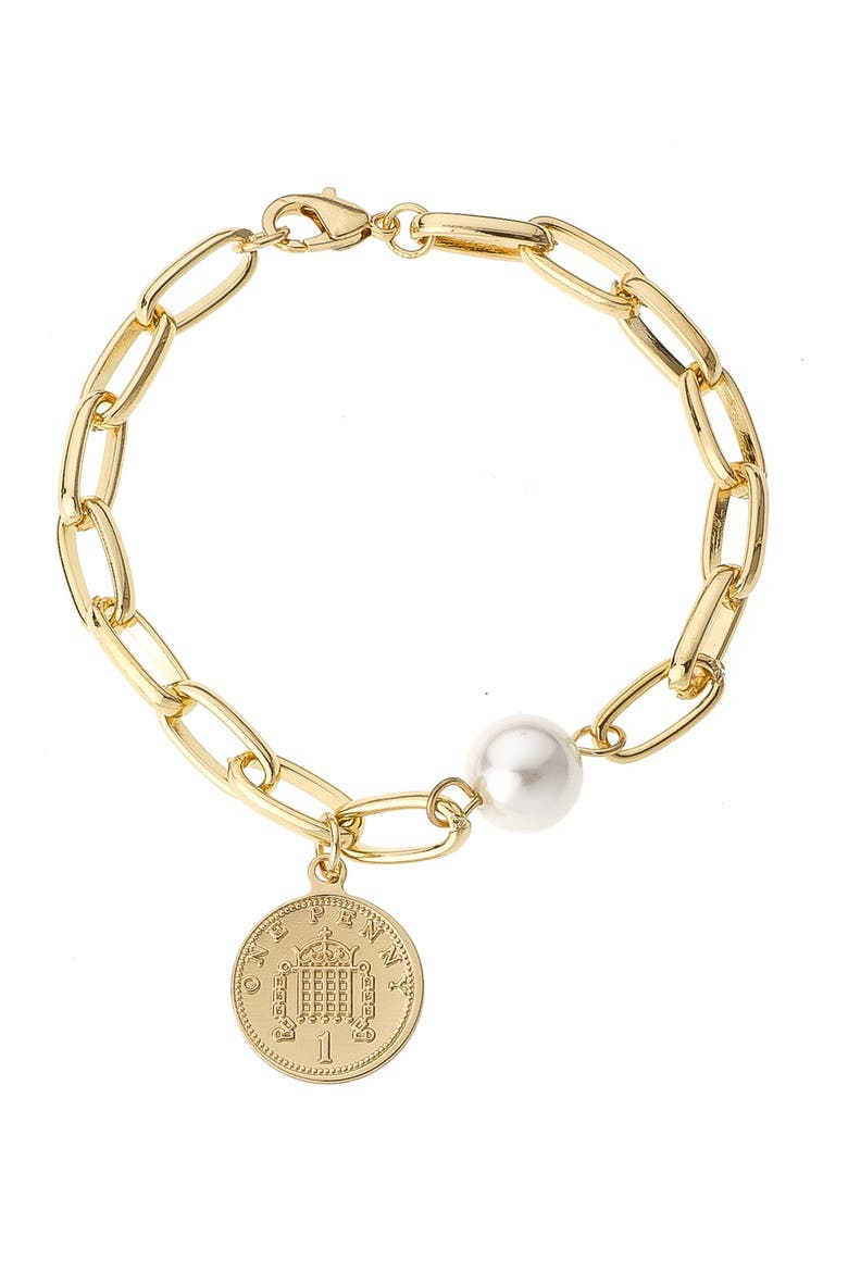Imitation Pearl & Coin Paperclip Chain Bracelet, Main, color, GOLD