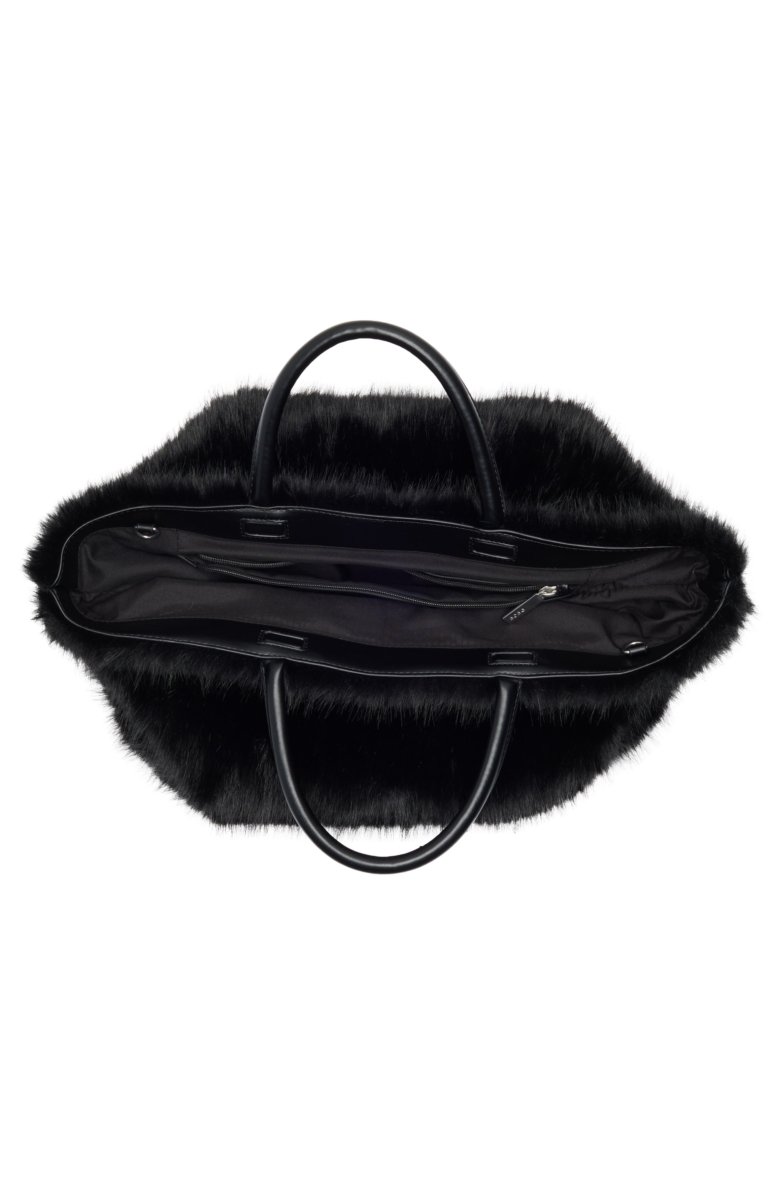 BCBG Faux Fur Tote Bag with Pouch, Alternate, color, Black