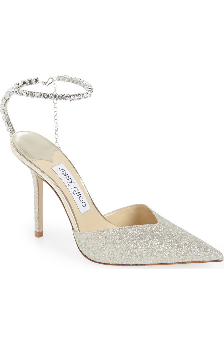Jimmy Choo Saeda Glitter Crystal Ankle Strap Pointed Toe Pump, Main, color,