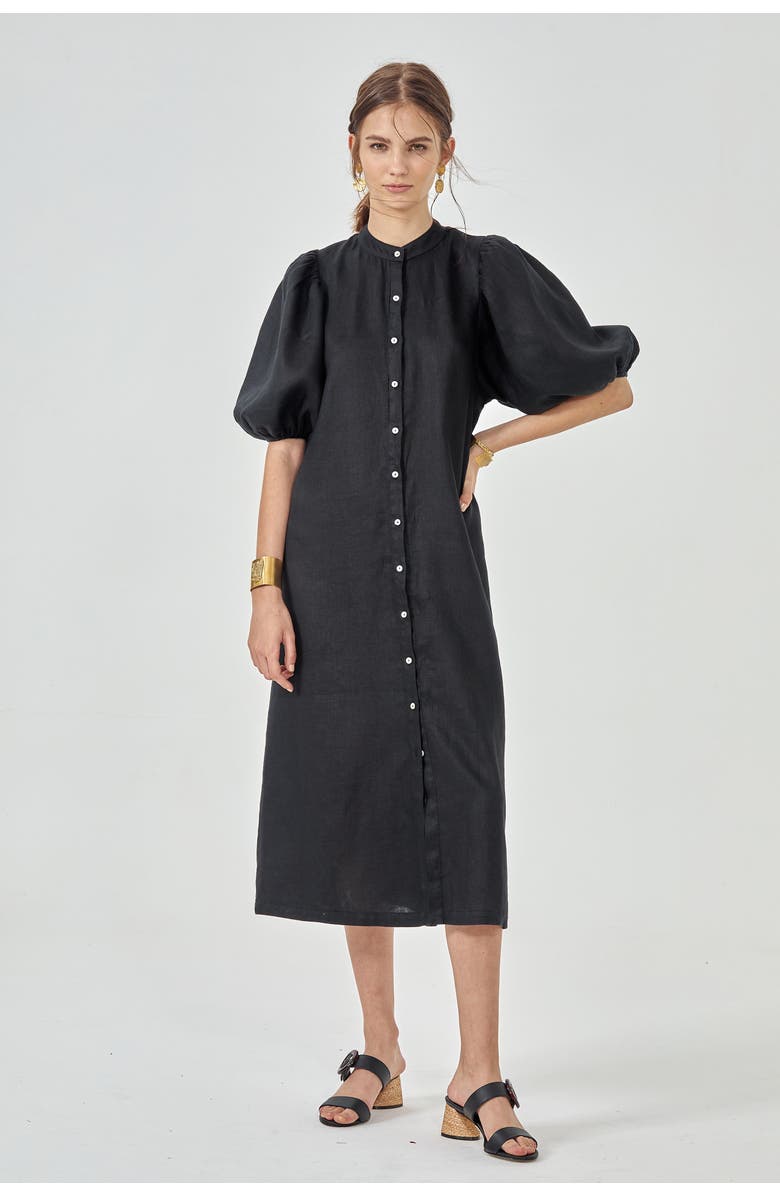 LANHTROPY Bubble Linen Dress, Alternate, color, Black