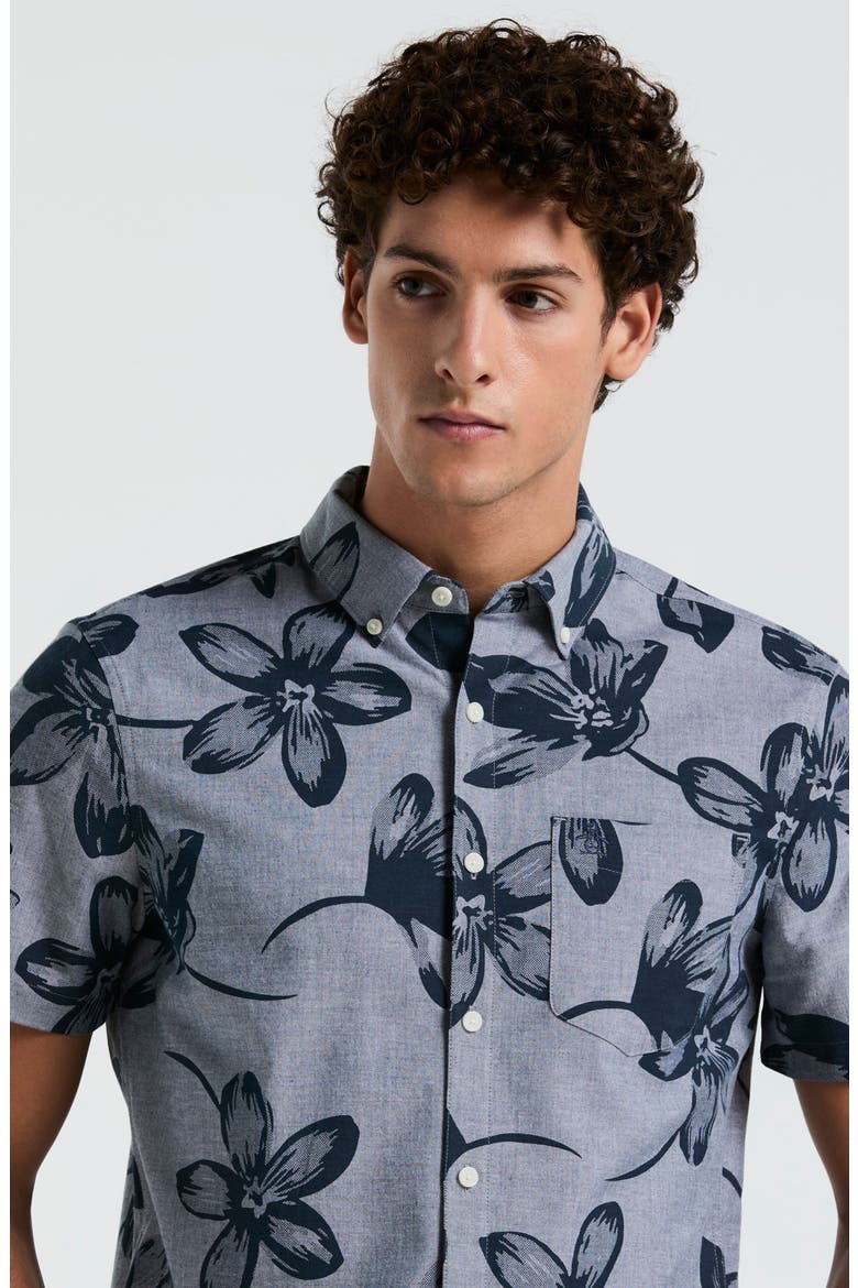 Floral Short Sleeve Cotton & Viscose Stretch Chambray Button-Down Shirt, Alternate, color, DARK SAPPHIRE
