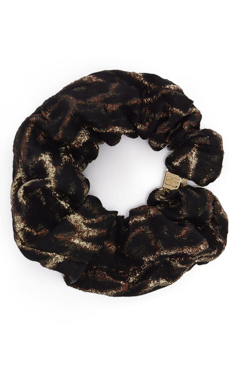 Ganni Metallic Cloqué Scrunchie, Main, color, Khaki