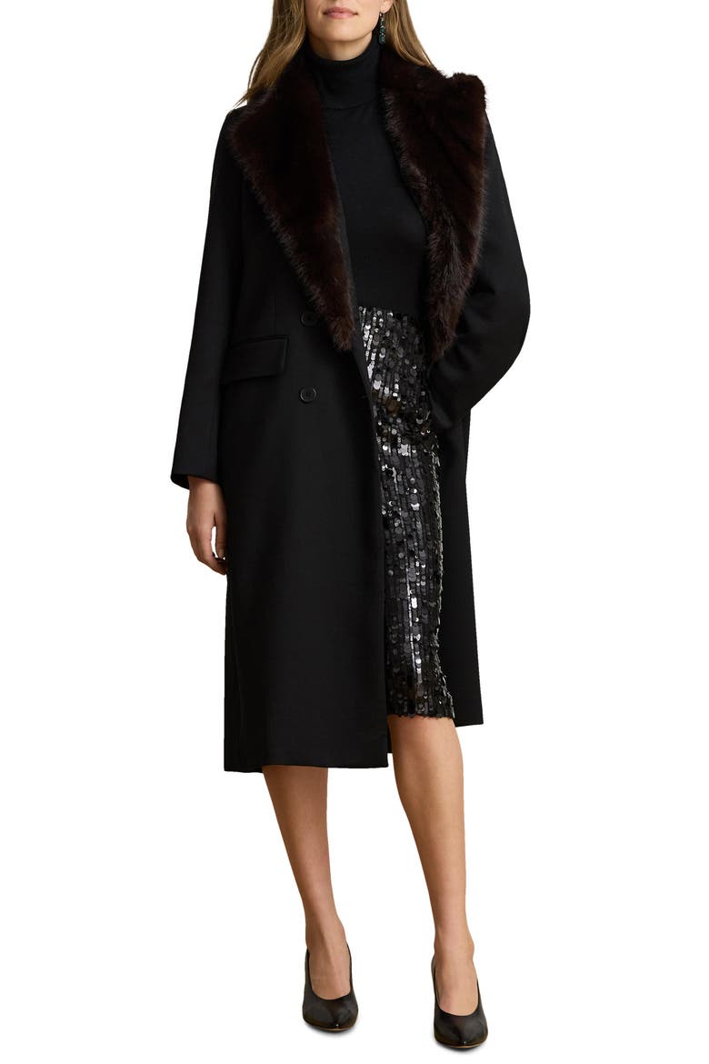 Faux Fur Trim Double Breasted Crepe Coat, Main, color, BLACK