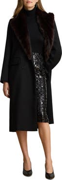 Lauren Ralph Lauren Faux Fur Trim Double Breasted Crepe Coat