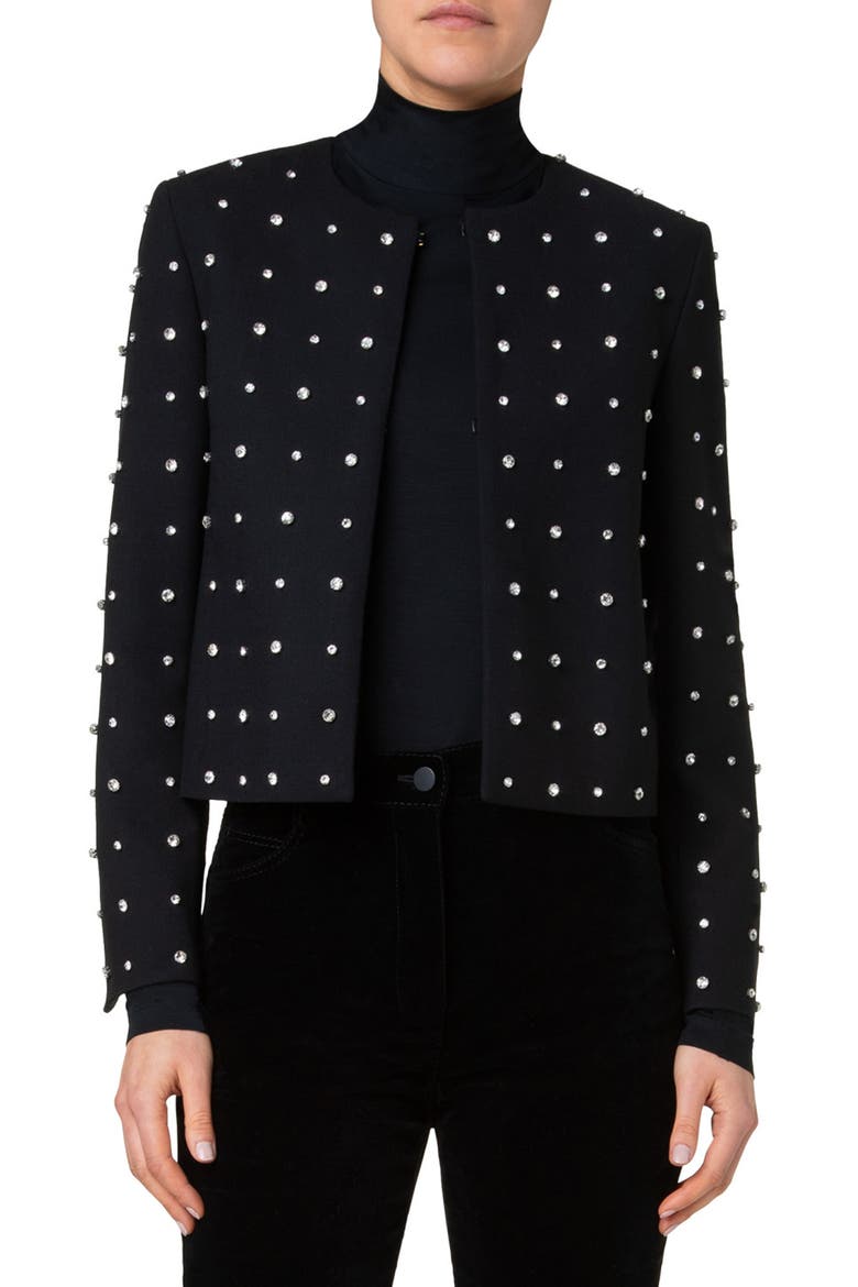 Crystal Stud Stretch Wool Crepe Jacket, Main, color, BLACK
