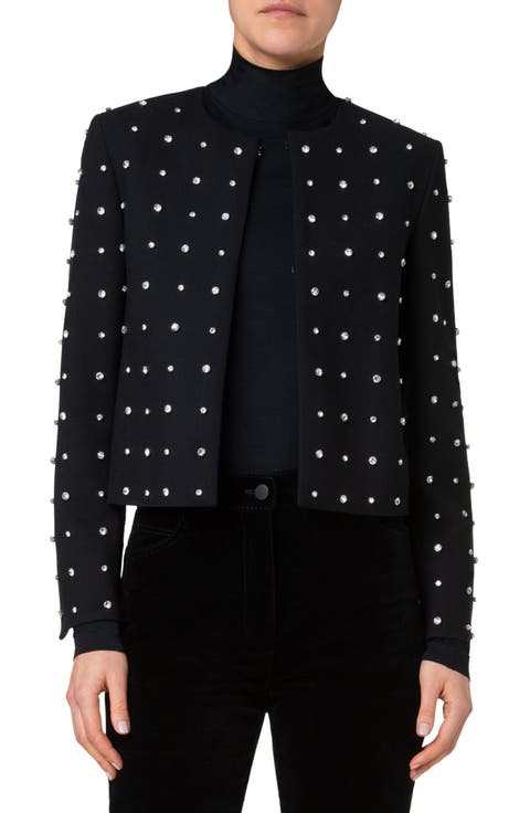Crystal Stud Stretch Wool Crepe Jacket
