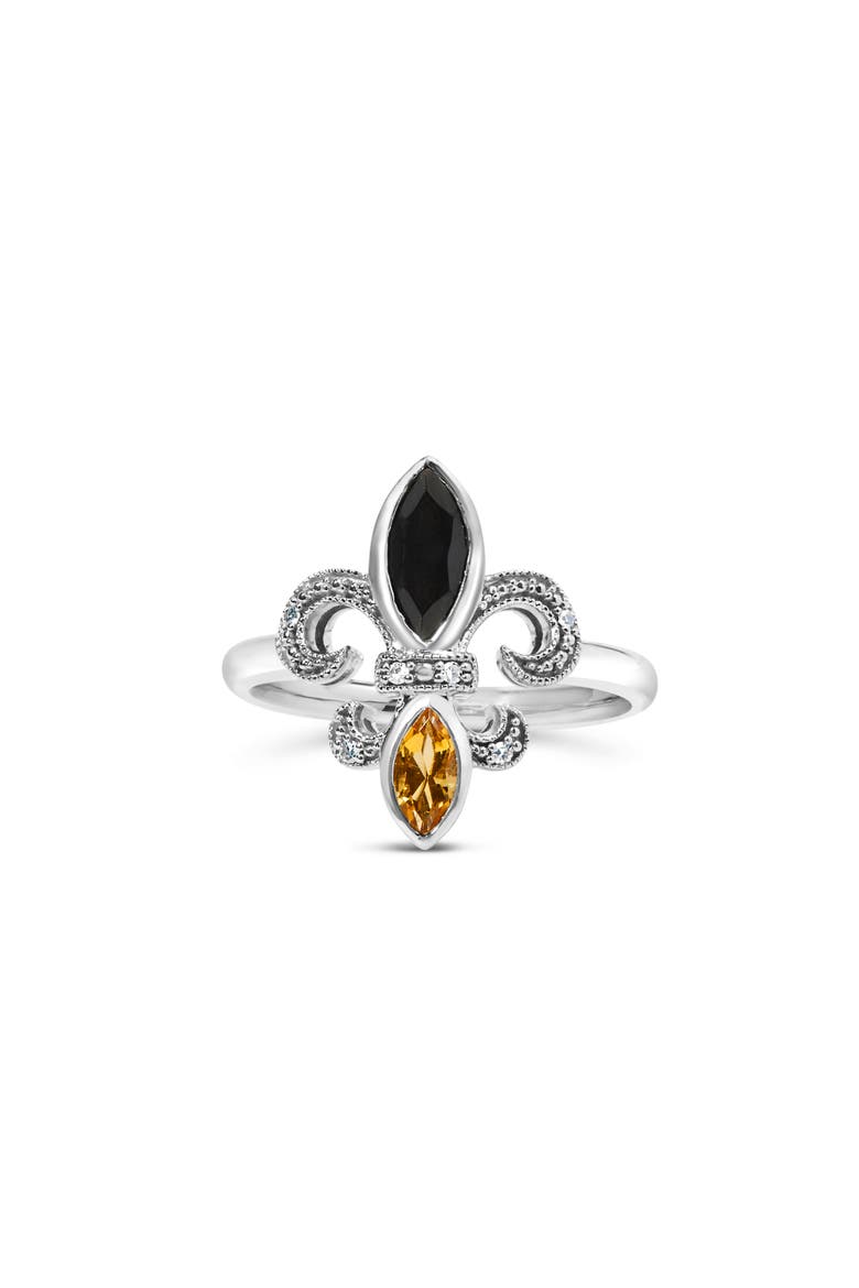 Silver Onyx, Citrine and Diamond Accent Fleur De Lis Ring, Main, color, White