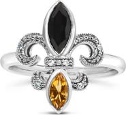 Haus of Brilliance Silver Onyx, Citrine and Diamond Accent Fleur De Lis Ring