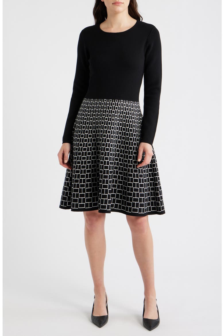 Long Sleeve Jacquard Sweater Dress, Main, color, BLACK IVORY