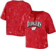 WEAR by Erin Andrews Women's WEAR by Erin Andrews Red Wisconsin Badgers Bleach Wash Splatter Cropped Notch Neck T-Shirt