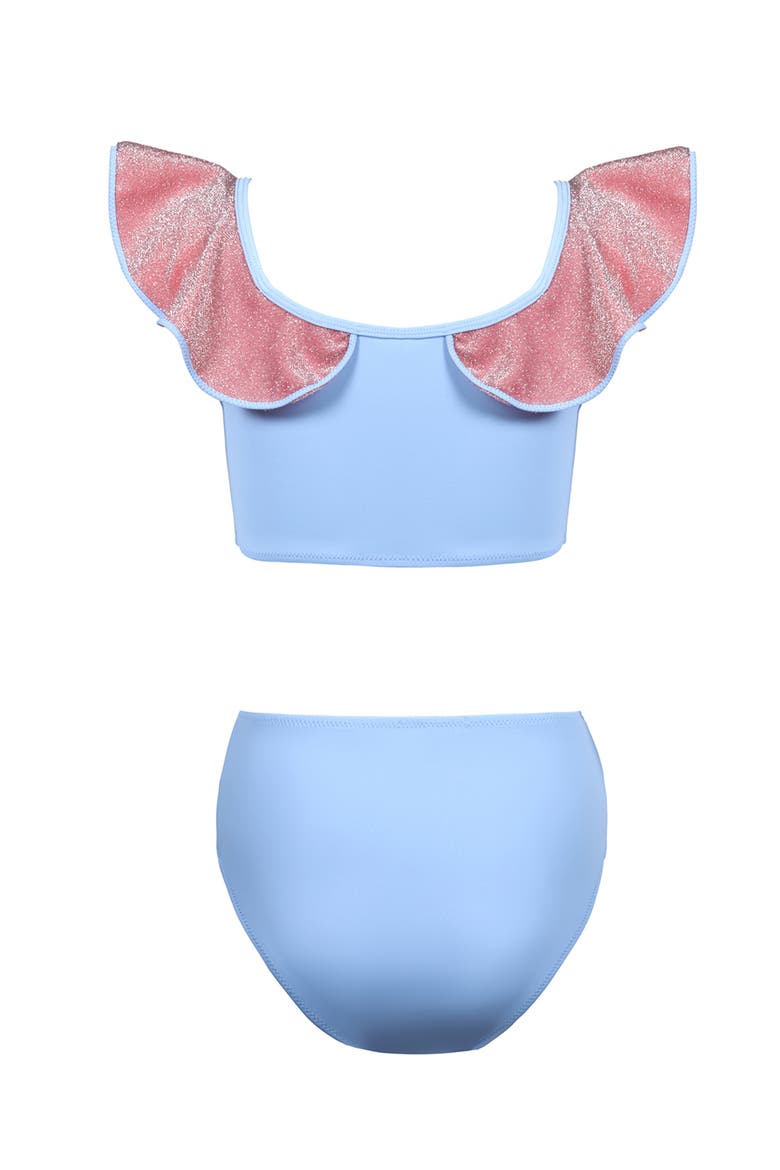 Kids' Glitter Ruffle Ruched Bikini Set, Alternate, color, Blue-Pink