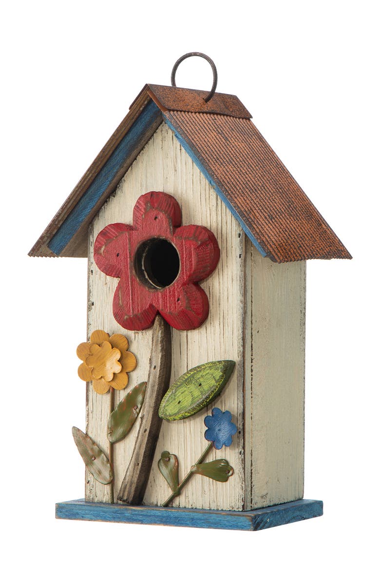 Glitzhome 10"H Multicolor Cute Distressed Solid Wood Birdhouse with 3D Flowers, Main, color, White