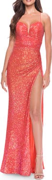 La Femme Sequin Prom Dress with Ruching and Open Tie Back