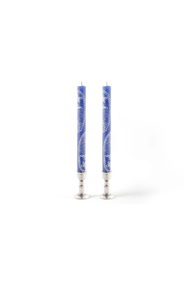 Henna White on Blue Painted Candles - Set of 2, Main, color, Henna White - 9"