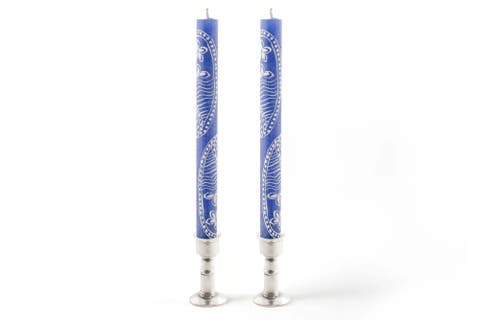 Henna White on Blue Painted Candles - Set of 2