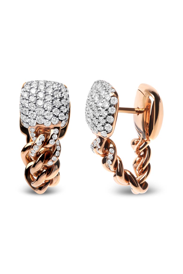 18K Rose Gold 3/4 Cttw Round Diamond Pave Cuban Chain Huggie Earrings, Alternate, color, Pink