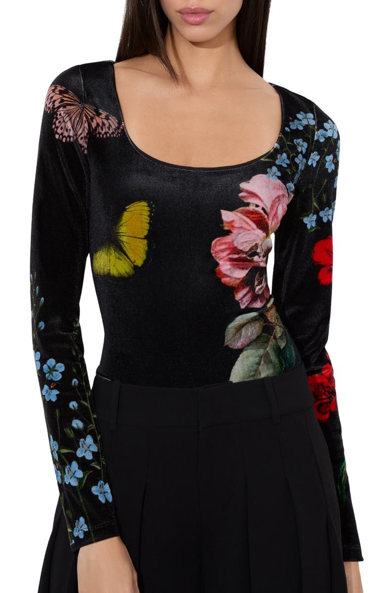 Alice + Olivia Delaina Floral & Butterfly Print Scoop Neck Top, Main, color, In The Wind Floral