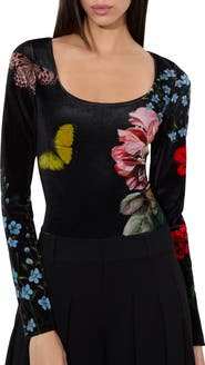 Alice + Olivia Delaina Floral & Butterfly Print Scoop Neck Top