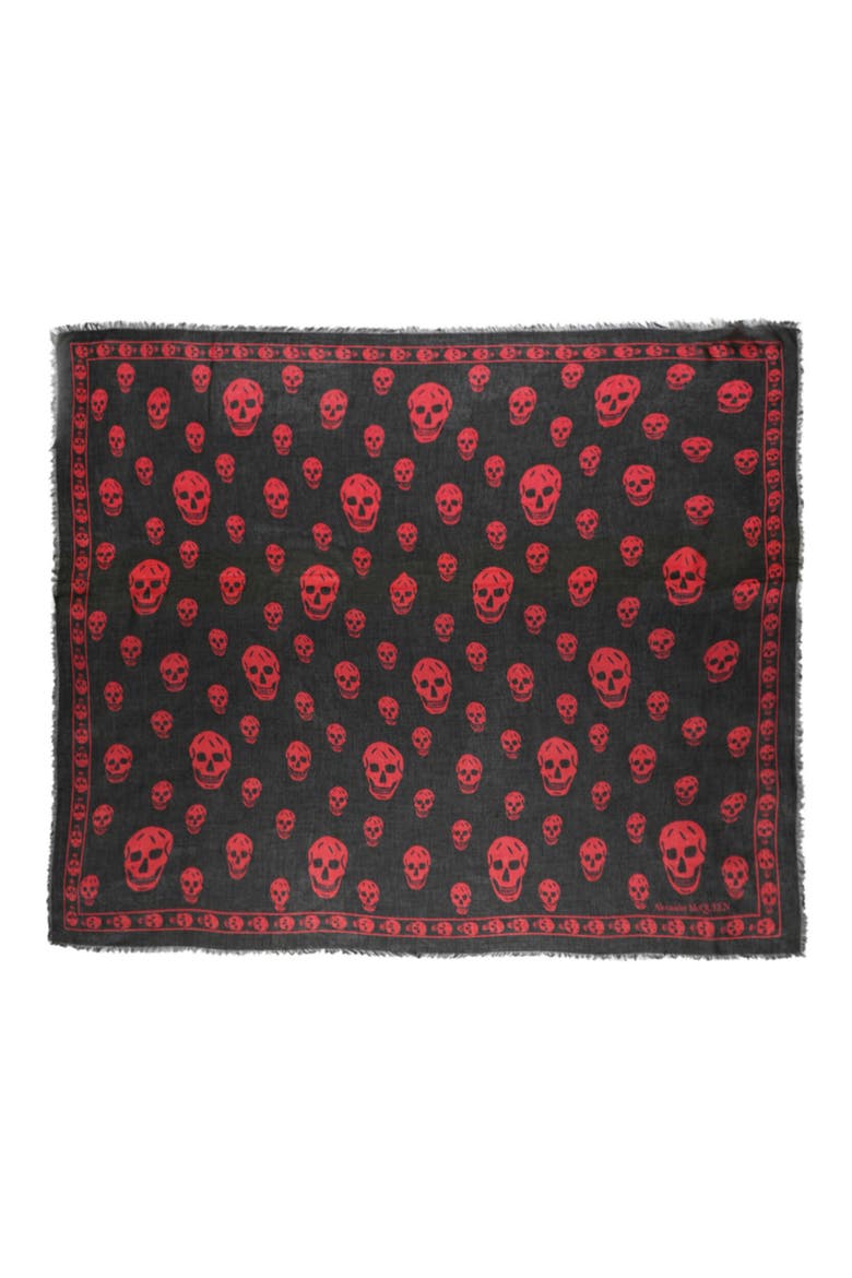 Skull Print Square Scarf, Main, color, BLACK RED