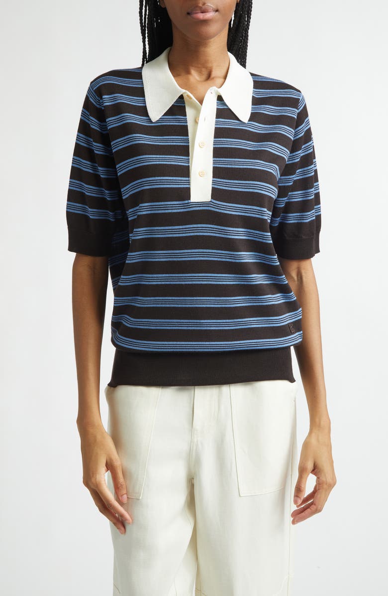 Wales Bonner Breeze Stripe Polo Sweater, Main, color, Dark Brown / Blue / Ivory