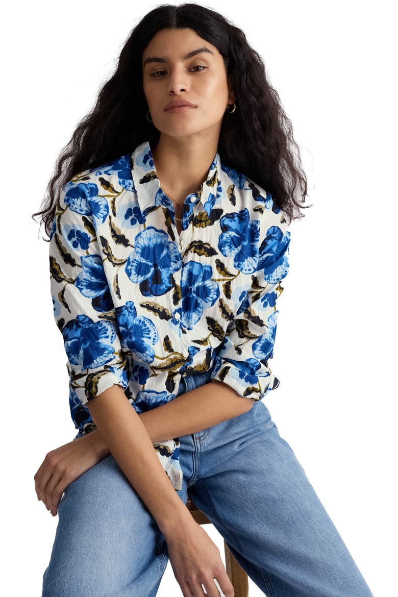 Larissa Crinkled Floral Organic Cotton Button-Up Shirt, Alternate, color, SPRING PANSY CHALK