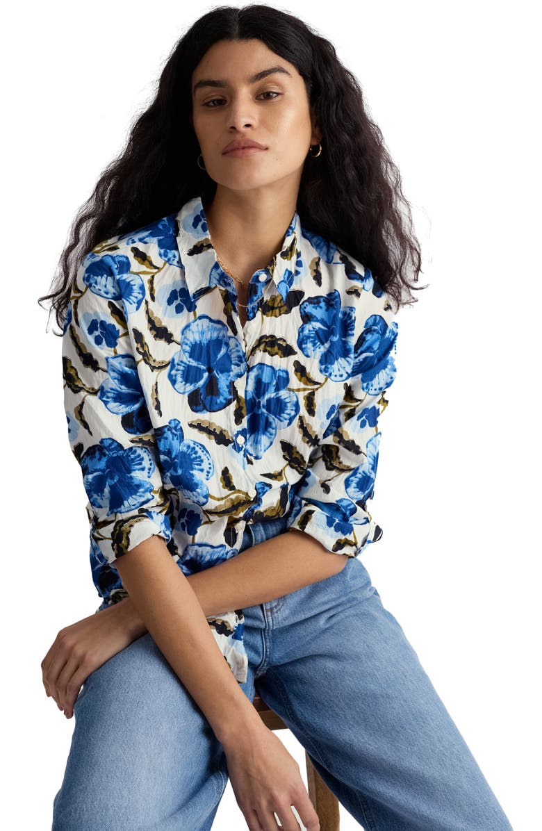 Seasalt Cornwall Larissa Crinkled Floral Organic Cotton Button-Up Shirt, Alternate, color, Spring Pansy Chalk