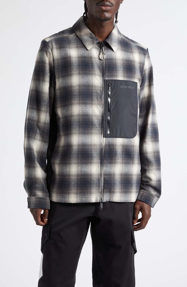 Moncler Cornisello Check Down Flannel Shirt Jacket, Main, color, Macro Check Black/ White