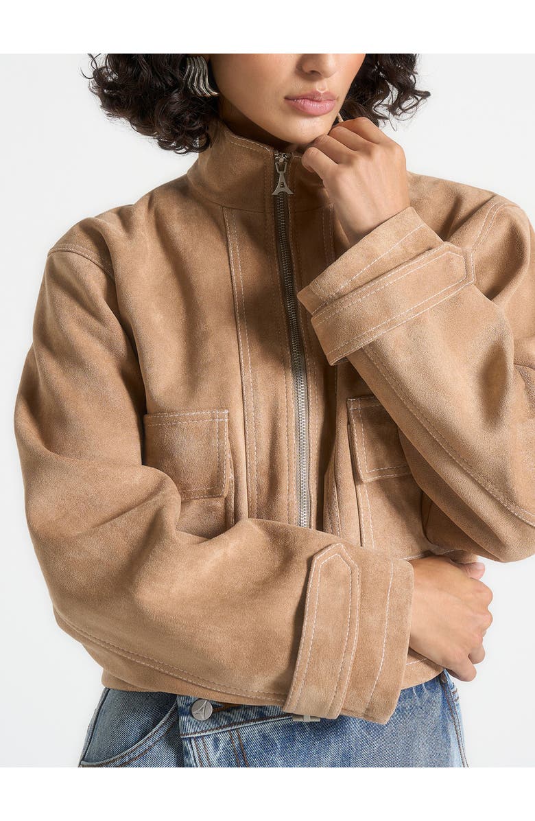 Manière De Voir Nawel Suede Contrast Stitch Jacket With Cinched Hem, Alternate, color, Beige